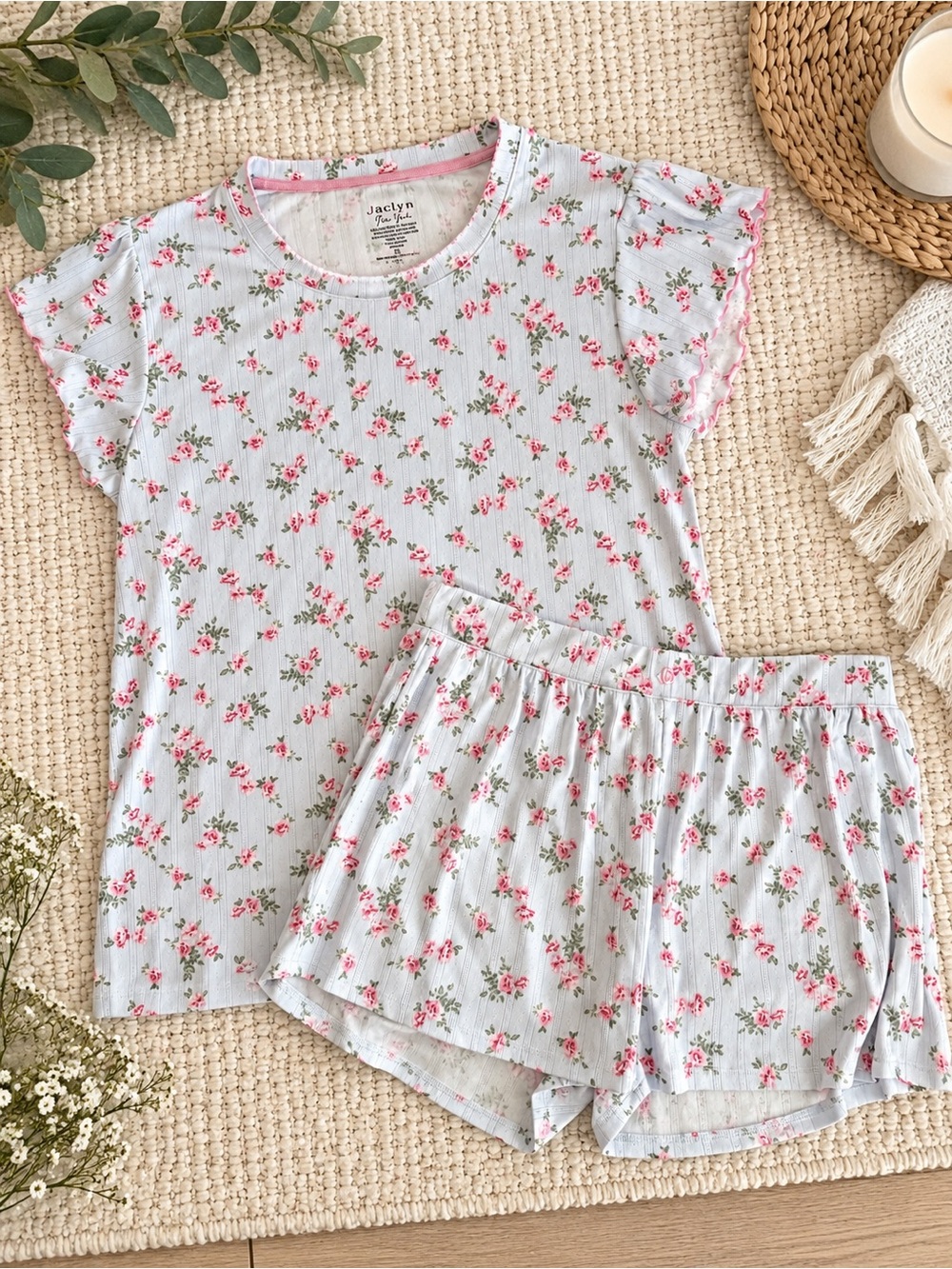 Jaclyn Pajama Set Womens XL Multicolor Floral Ribbed Ruffle Top & Shorts